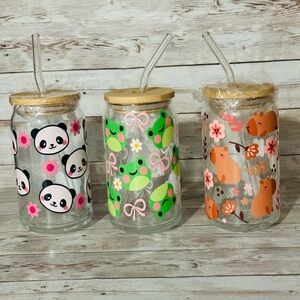 Glass Tumbler Set with Bamboo Lids and Straws - Panda, Frog, and Bear Designs
